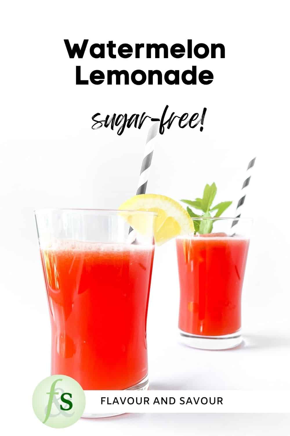 Image with text overlay for sugar-free watermelon lemonade.