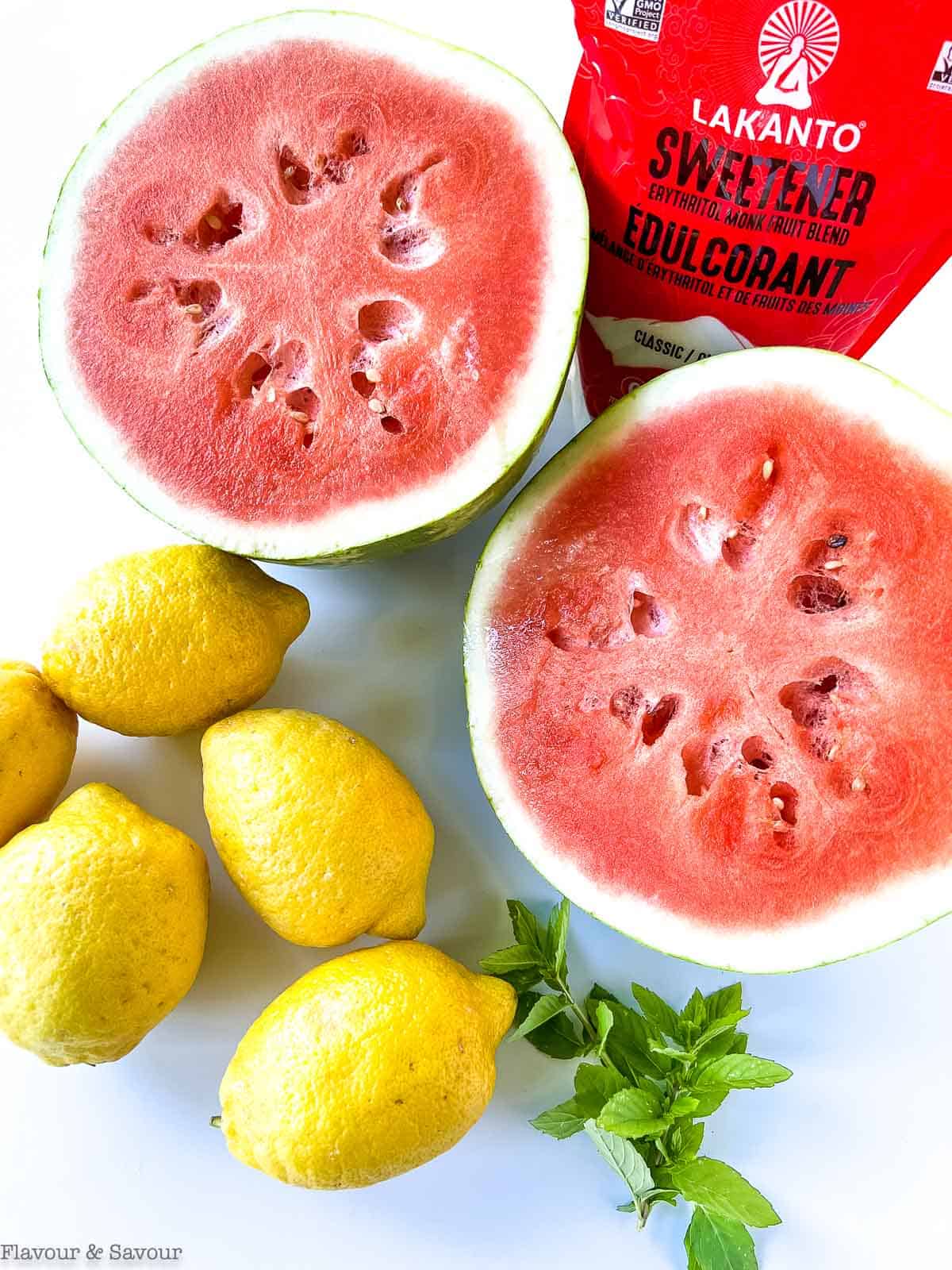 Ingredients for Watermelon Lemonade with Monkfruit sweetener.