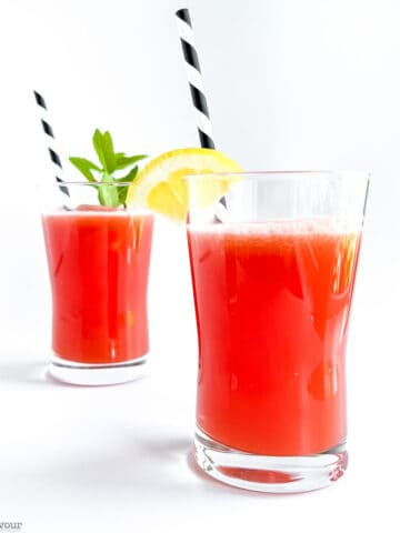 Two glasses of sugar-free watermelon lemonade with monkfruit.