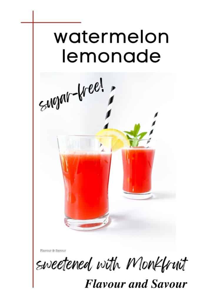 Two glasses of watermelon lemonade with black and white straws.