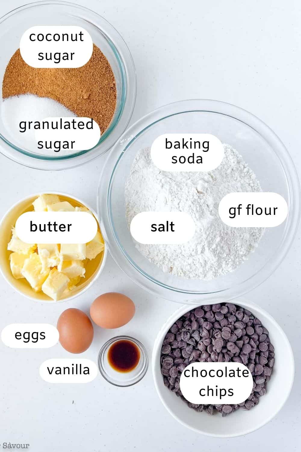 Labelled ingredients for Gluten-free Chewy Chocolate Chip Cookies