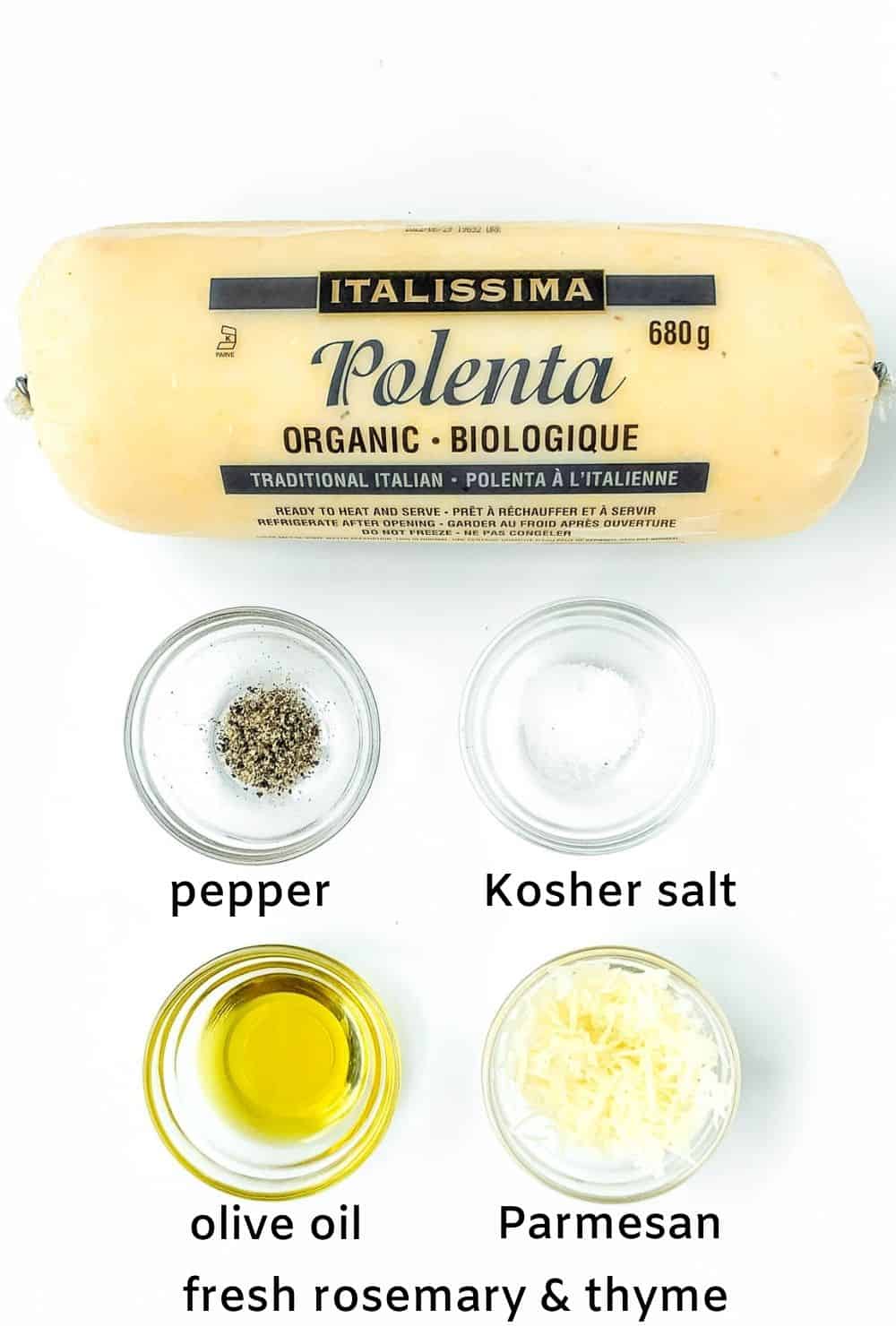 Labelled ingrediens for polenta croutons.