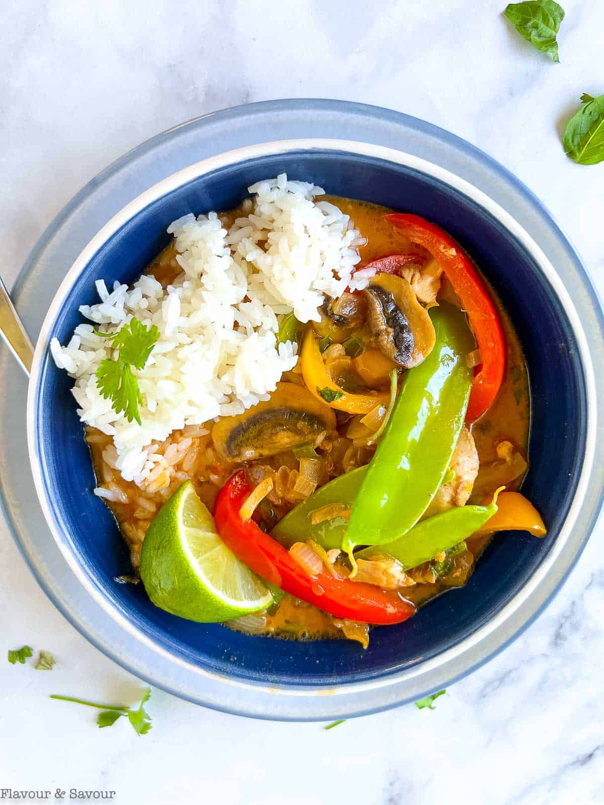 Overhead view of a bowl of Thai red curry with chicken.