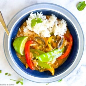 Overhead view of a bowl of Thai red curry with chicken and rice.