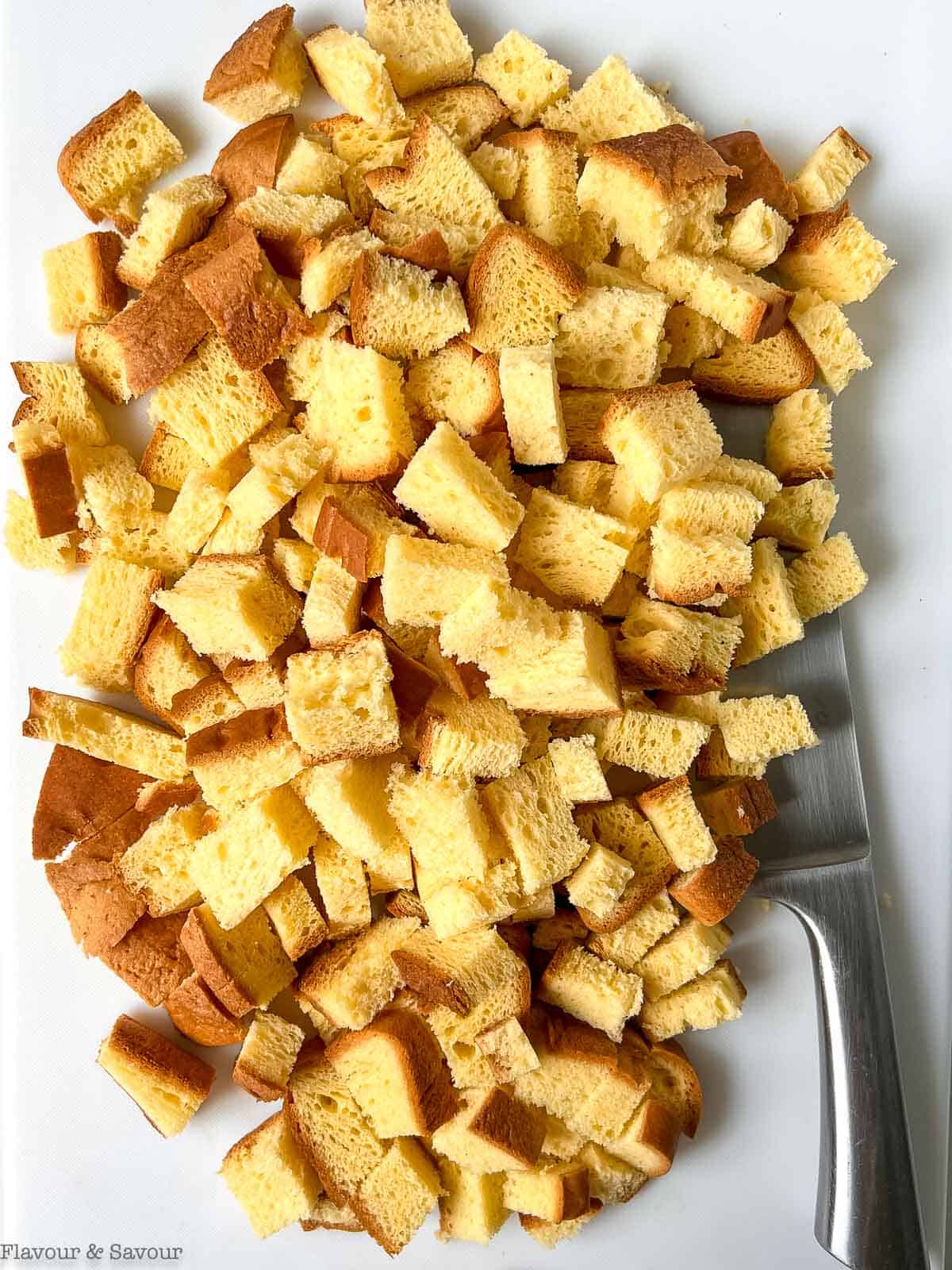 Bread cubes for apple cinnamon French Toast bake.