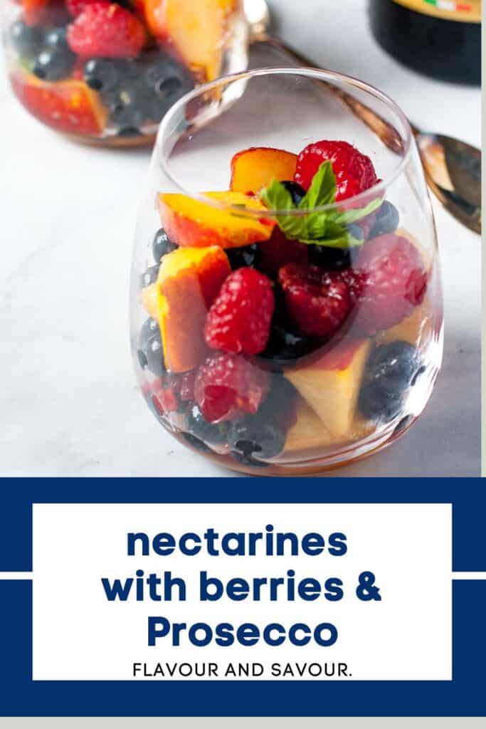 Image and text for nectarines with berries and Prosecco.