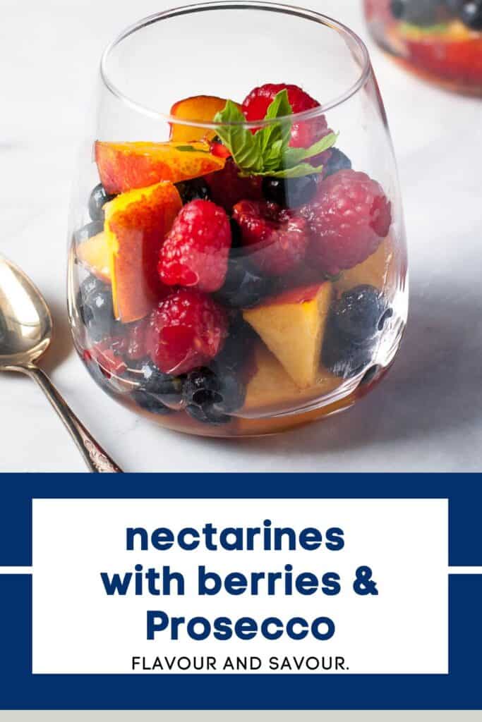 Image with text for Nectarines with Prosecco and berries.