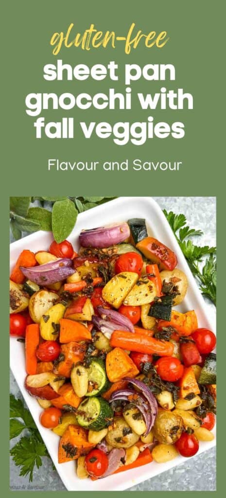 Image with text for sheet pan gnocchi with fall vegetables.