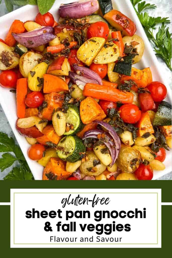 Image with text overlay for sheet pan gnocchi and roasted fall vegetables.