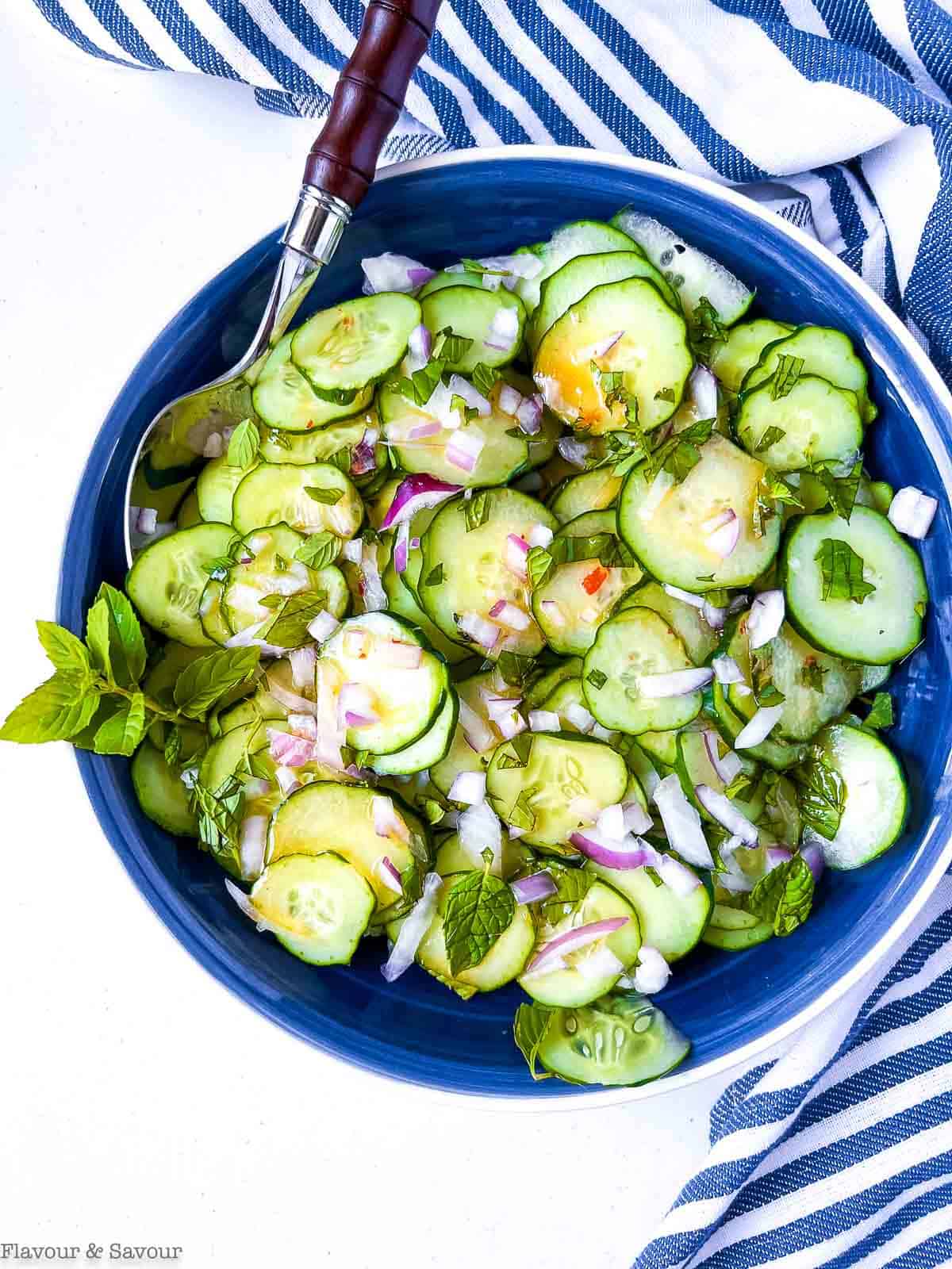 Overhead view of a bowl of Cucumber Mint Salad with spicy Thai Dressing.