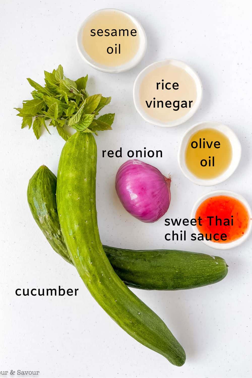 Labelled ingredients for Thai cucumber salad.