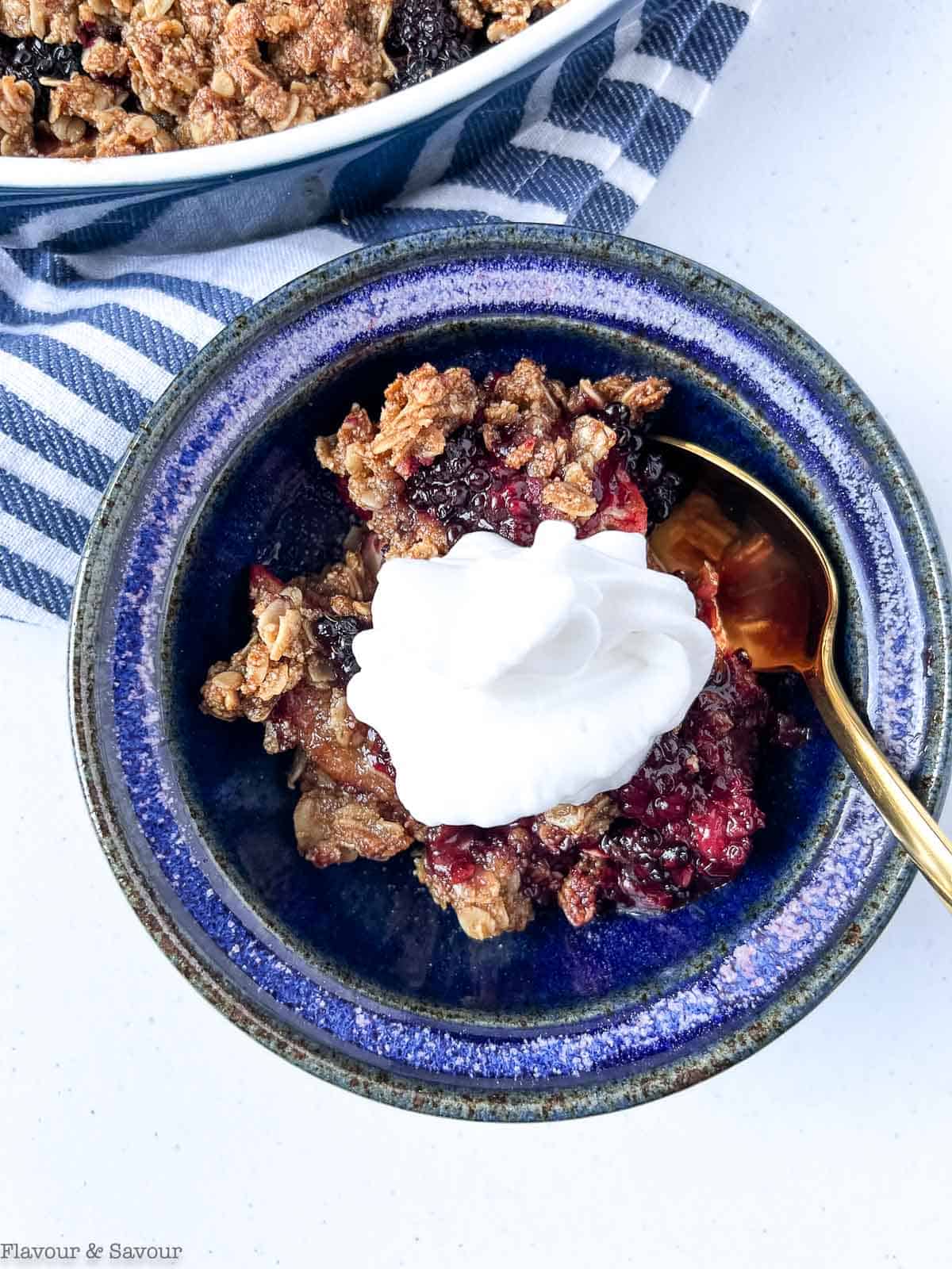 Overhead view of a bowl of apple blackberry crumble with ice cream.