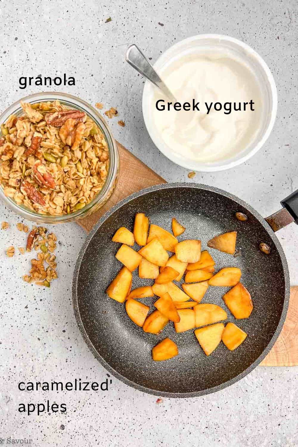 Ingredients for apple crumble yogurt parfait.