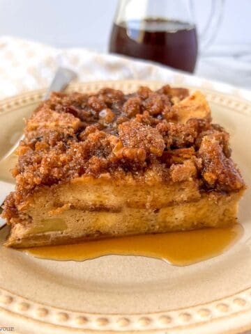 Apple Cinnamon French toast bake with maple syrup.
