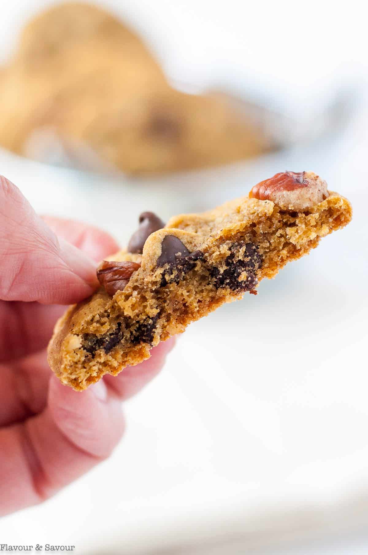 Close up view showing the inside of a gluten-free pumpkin pecan chocolate chip cookie.