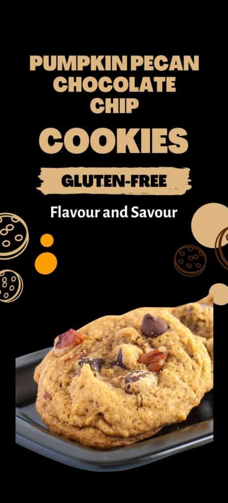 Image with text overlay for gluten-free pumpkin pecan chocolate chip cookies.