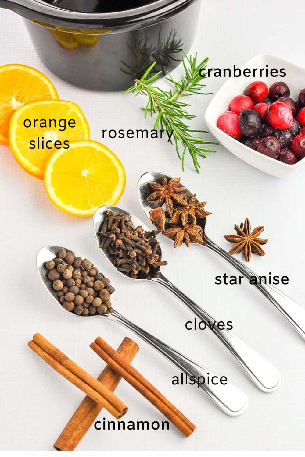 Labelled ingredients for simmering holiday spice mix.