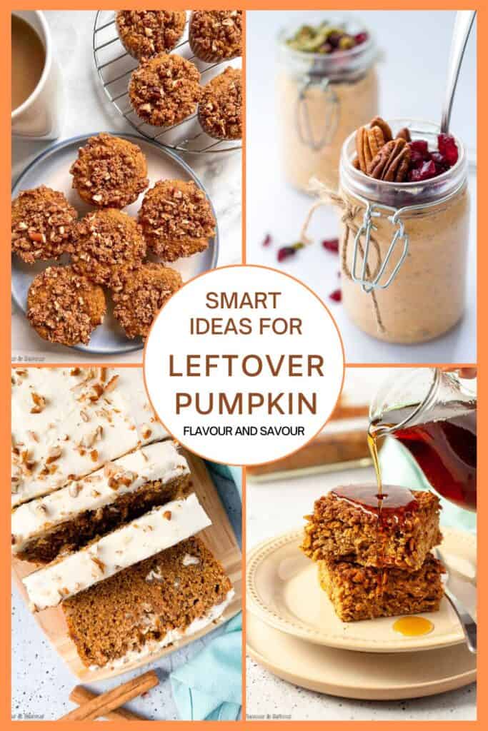 A collage of images for smart ideas for leftover pumpkin purée.