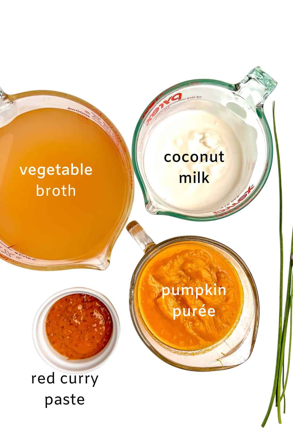 Ingredients for Thai Pumpkin Soup Shots with labels.