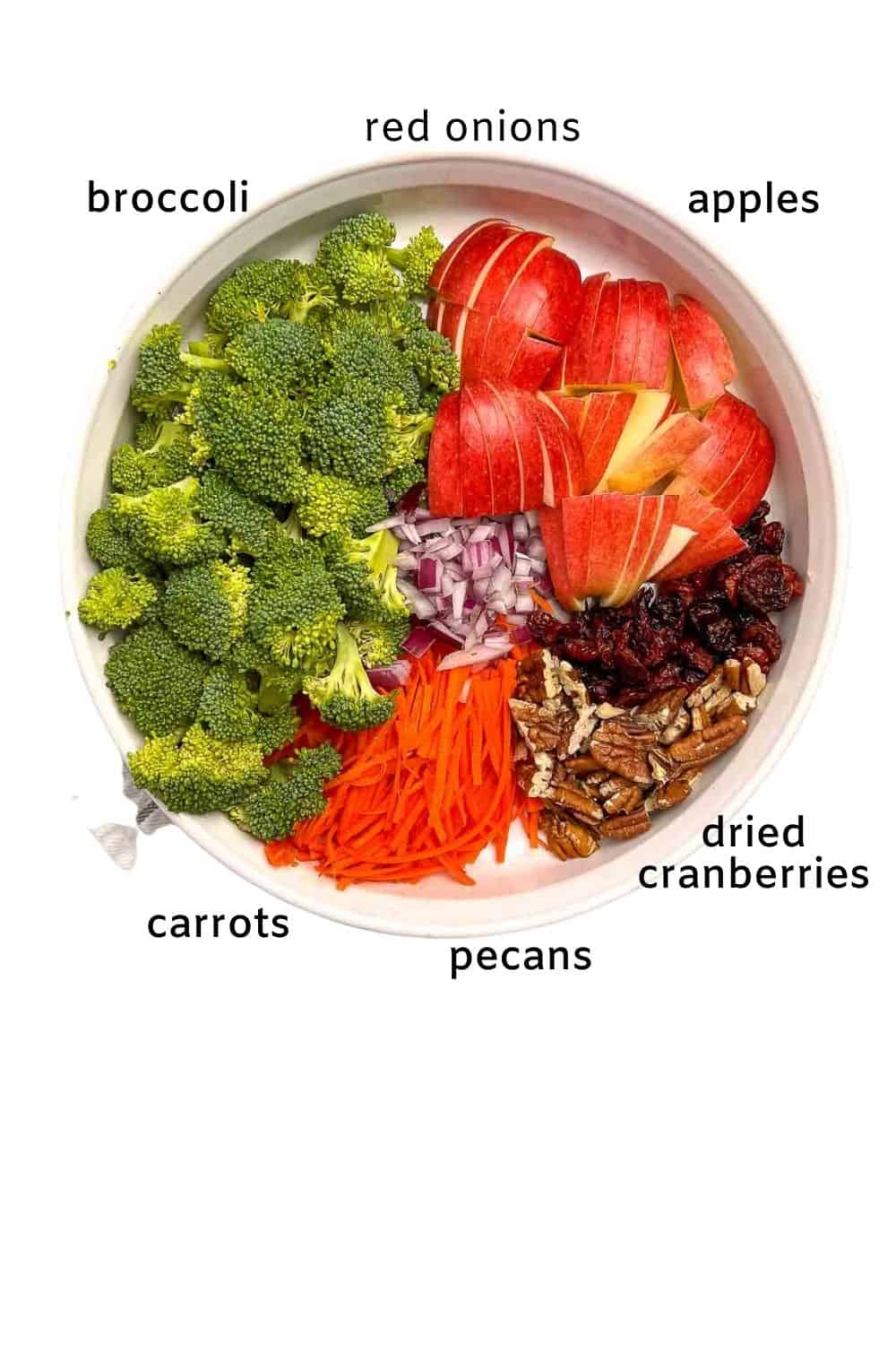 Broccoli apple salad ingredients with labels.