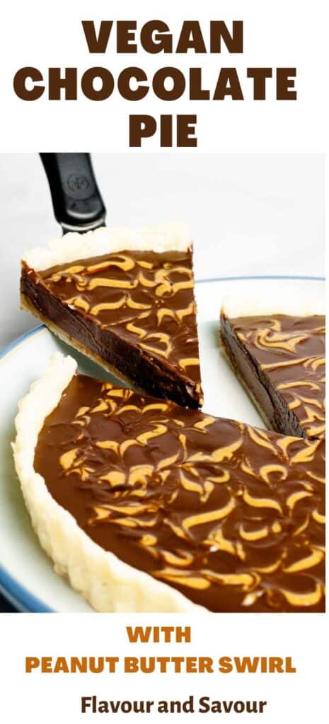 Image with text for vegan chocolate pie with peanut butter swirl.