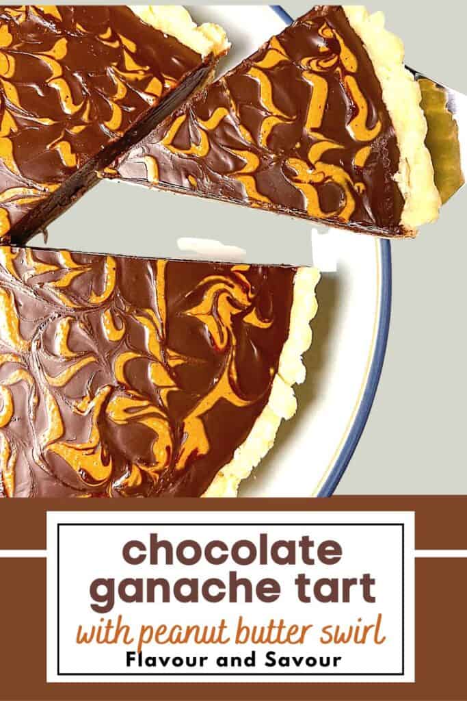 Image with text overlay for Chocolate Ganache Tart with peanut butter swirl.