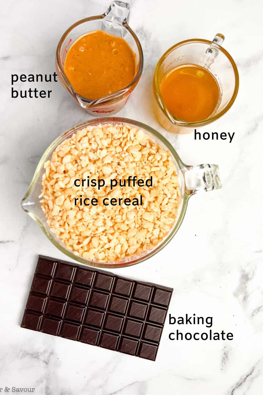 Labelled ingredients for chocolate peanut butter rice krispie squares.