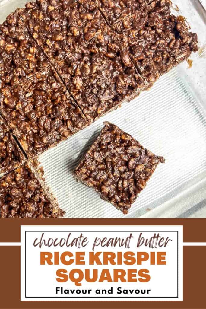 Image with text for chocolate peanut butter rice krispie squares.