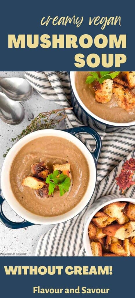 Image with text for creamy vegan mushroom soup without cream.