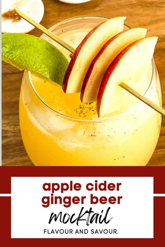 Image with text for apple cider ginger beer mocktail.