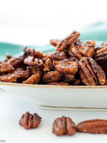 Spiced nuts in a serving bowl.