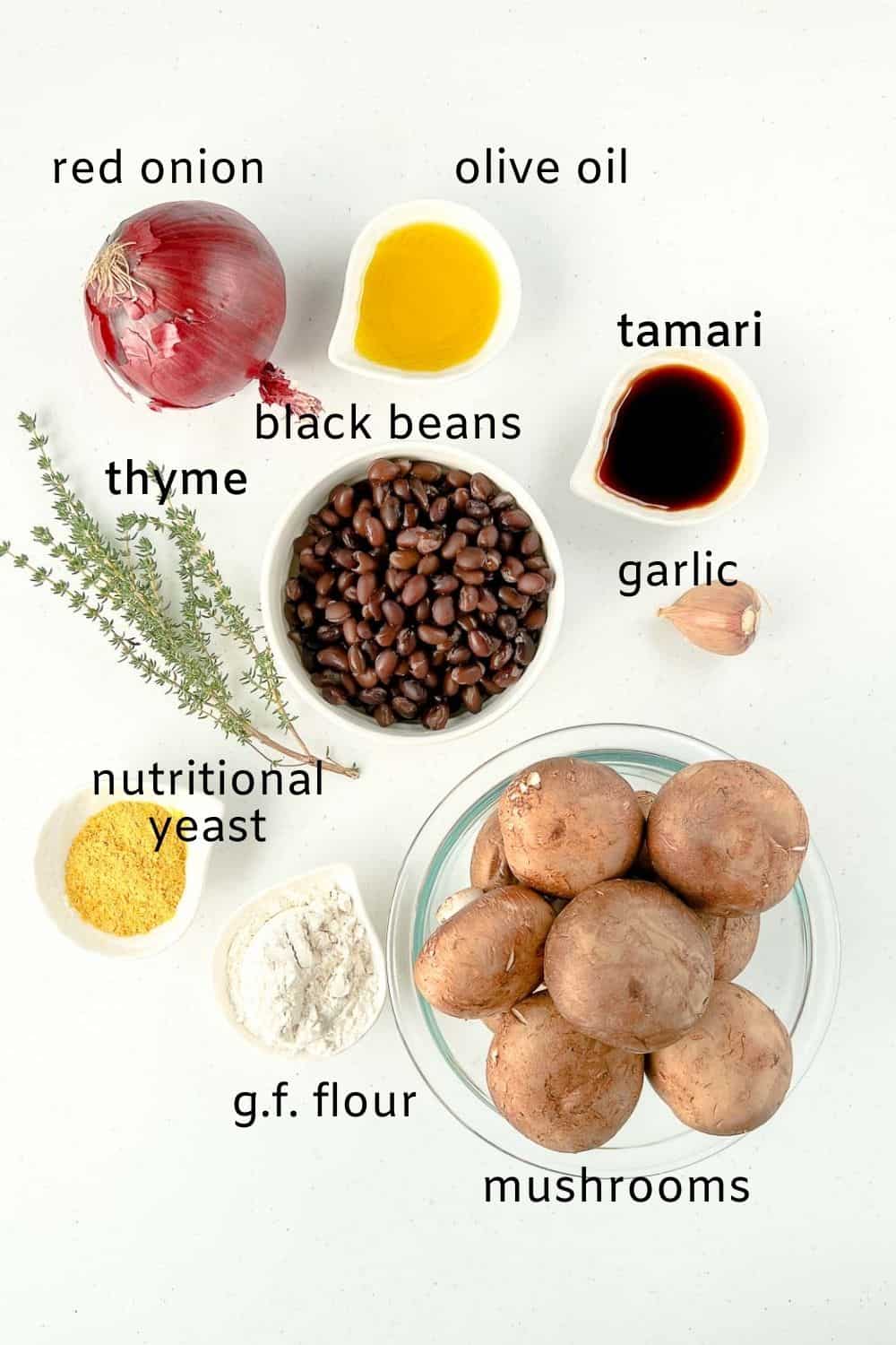 Ingredients for mushroom black bean burgers with labels.