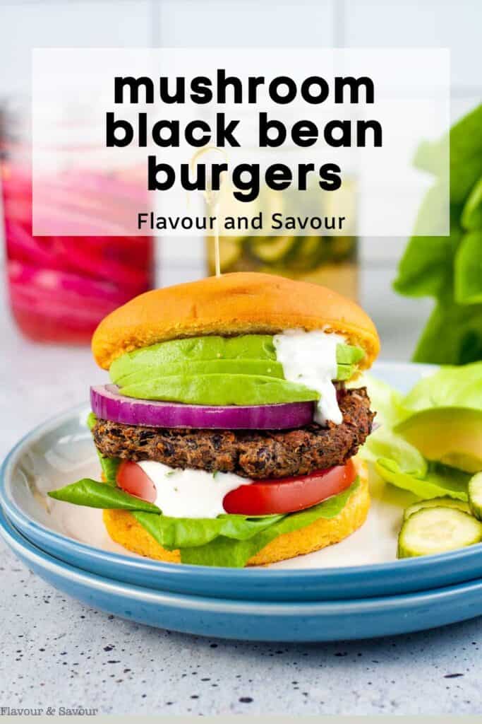 Image with text for mushroom black bean burgers.