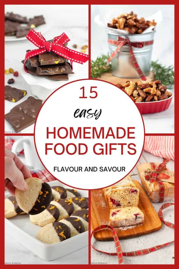 A collage of images with text reading 15 easy homemade food gifts.