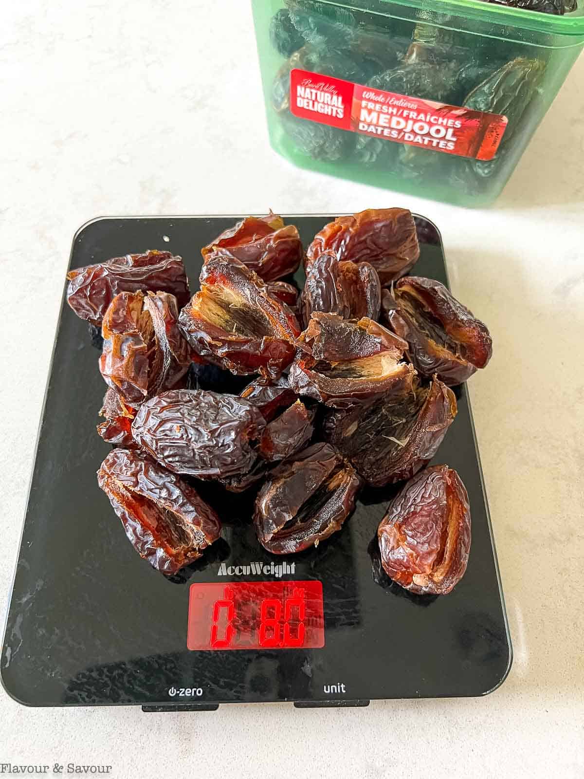 8 ounces of Medjool dates is approximately 12 to 15 dates once they're pitted.