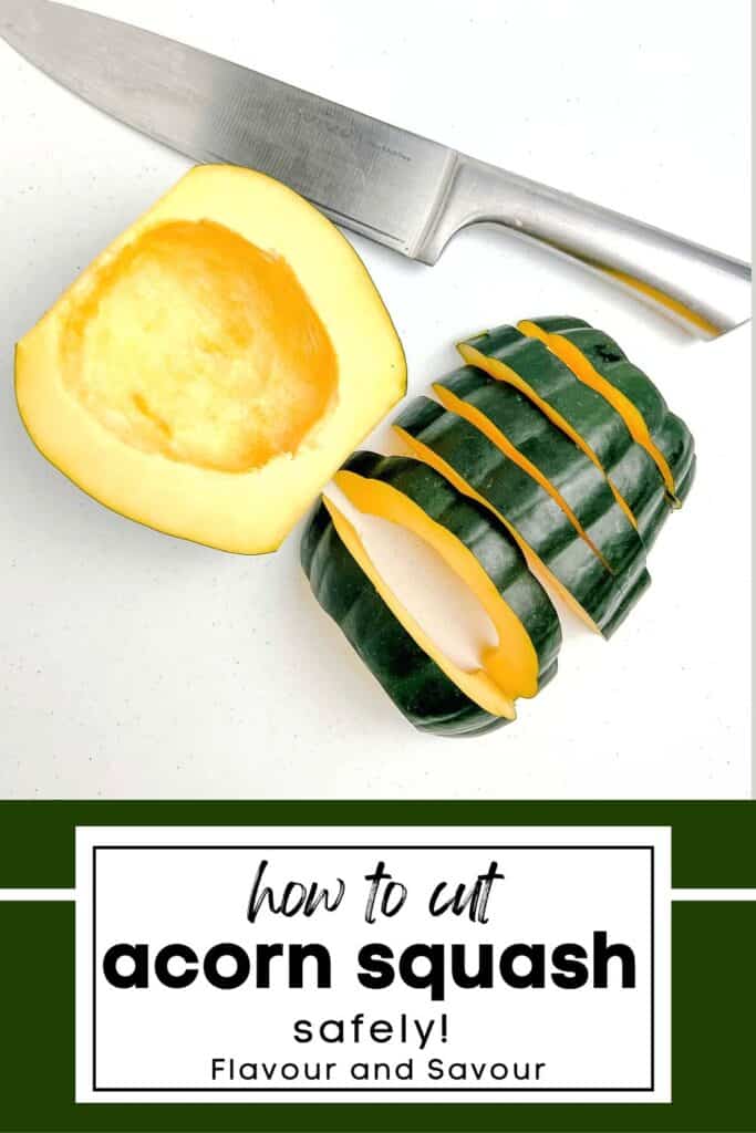 Image with text for how to cut acorn squash.