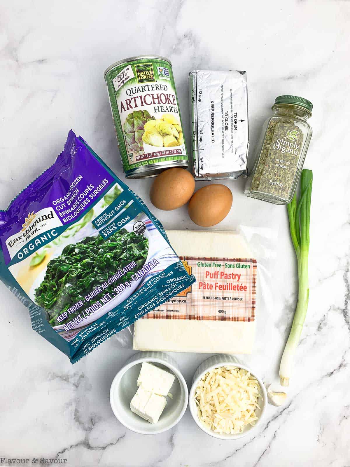 Ingredients for Puff Pastry Spinach Artichoke Pinwheels.