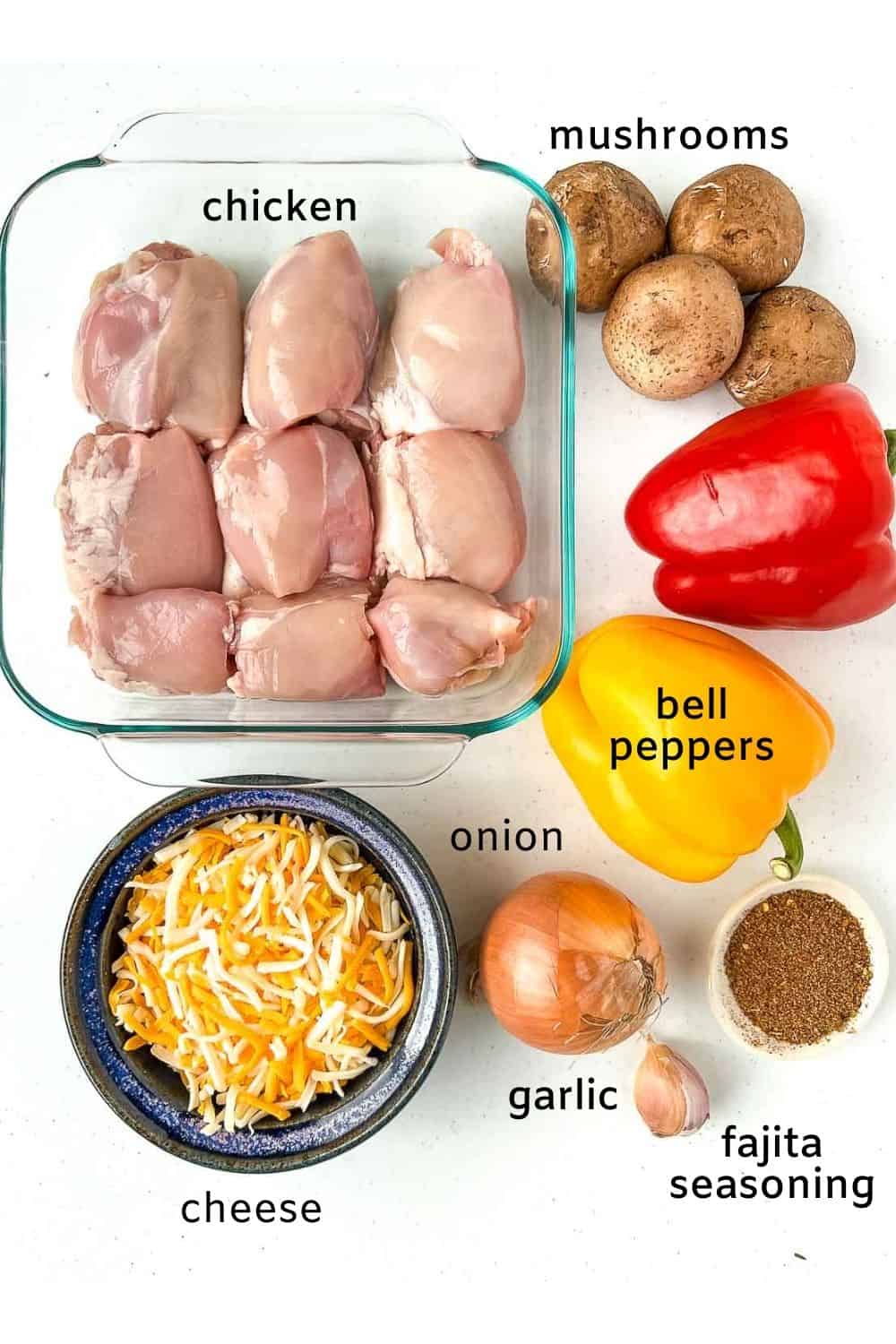 Ingredients with labels for baked chicken fajita casserole.