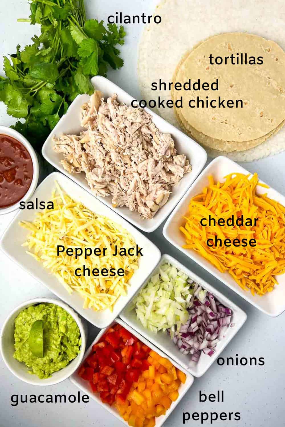 Ingredients with labels for blooming quesadilla platter appetizer.