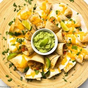 Overhead view of a platter with a blooming quesadilla ring.