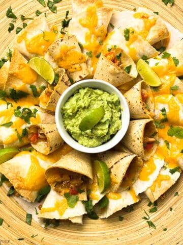 Overhead view of a platter with a blooming quesadilla ring.