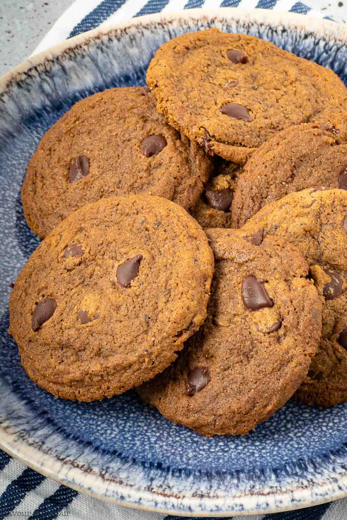 Close up view of coffee cookies with chocolate chips on a blue plate.