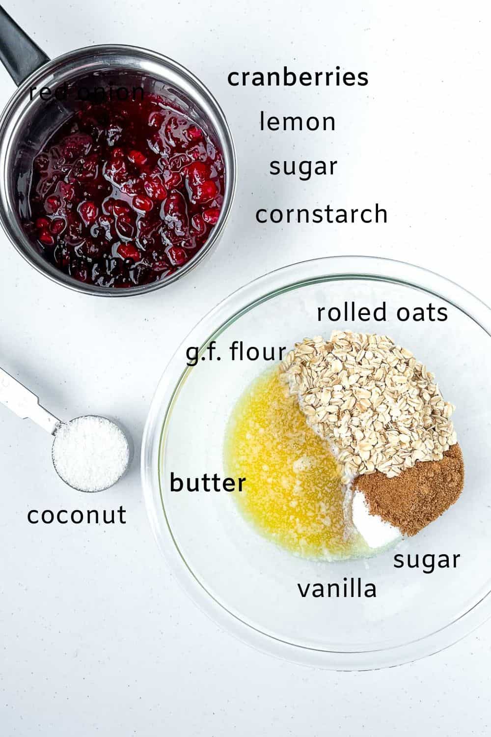 Ingredients for gluten-free cranberry lemon oatmeal bars: cranberries, lemon, sugar, cornstarch, rolled oats, gluten-free flour, butter, vanilla. coconut.