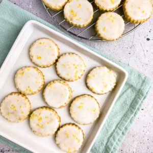 Overhead view of a plate of gluten-free Earl Gray almond flour shortbread cookies.