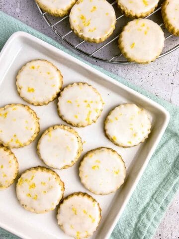 Overhead view of a plate of gluten-free Earl Gray almond flour shortbread cookies.