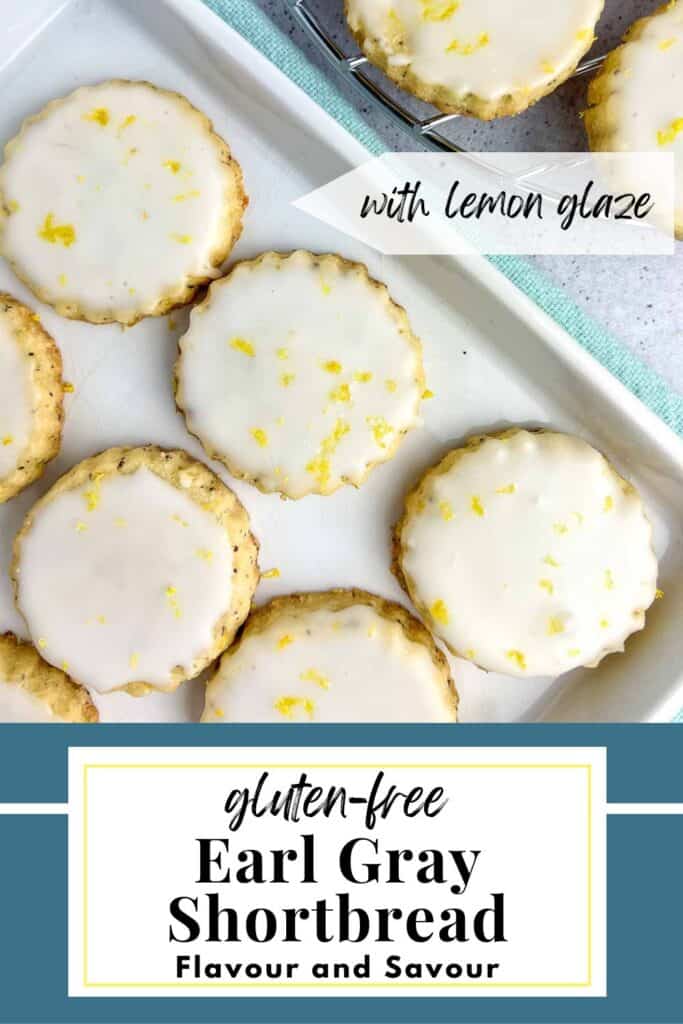 Image with text overlay for gluten-free Earl Gray Shortbread with Lemon Glaze.