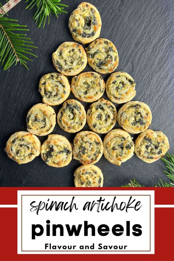 Image with text of spinach artichoke pinwheels shaped like a Christmas tree.