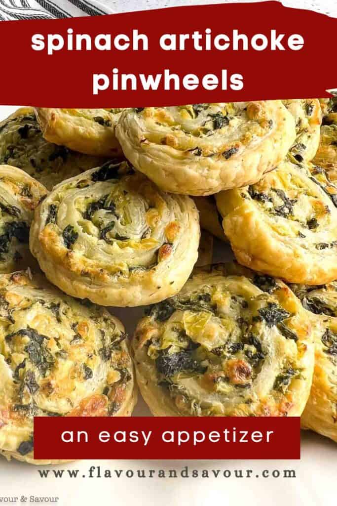 image with text overlay for puff pastry spinach artichoke pinwheels
