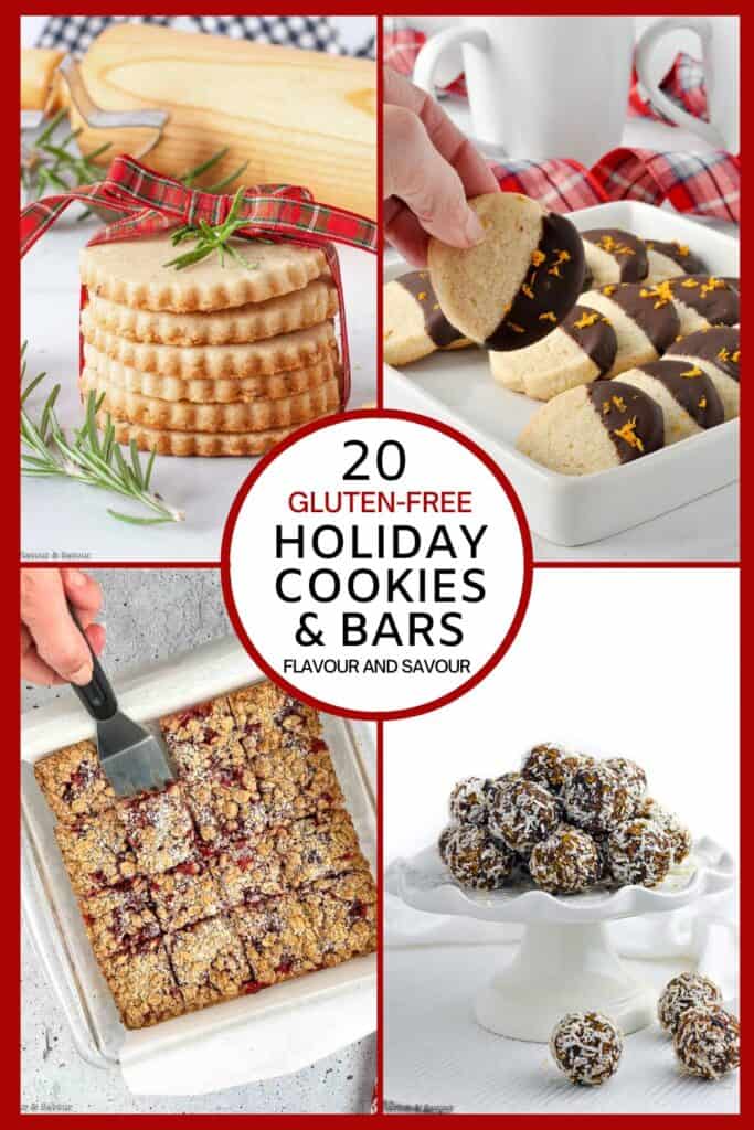 A collage of images of gluten-free Christmas cookies and bars with text reading 20 gluten-free holiday cookes and bars.