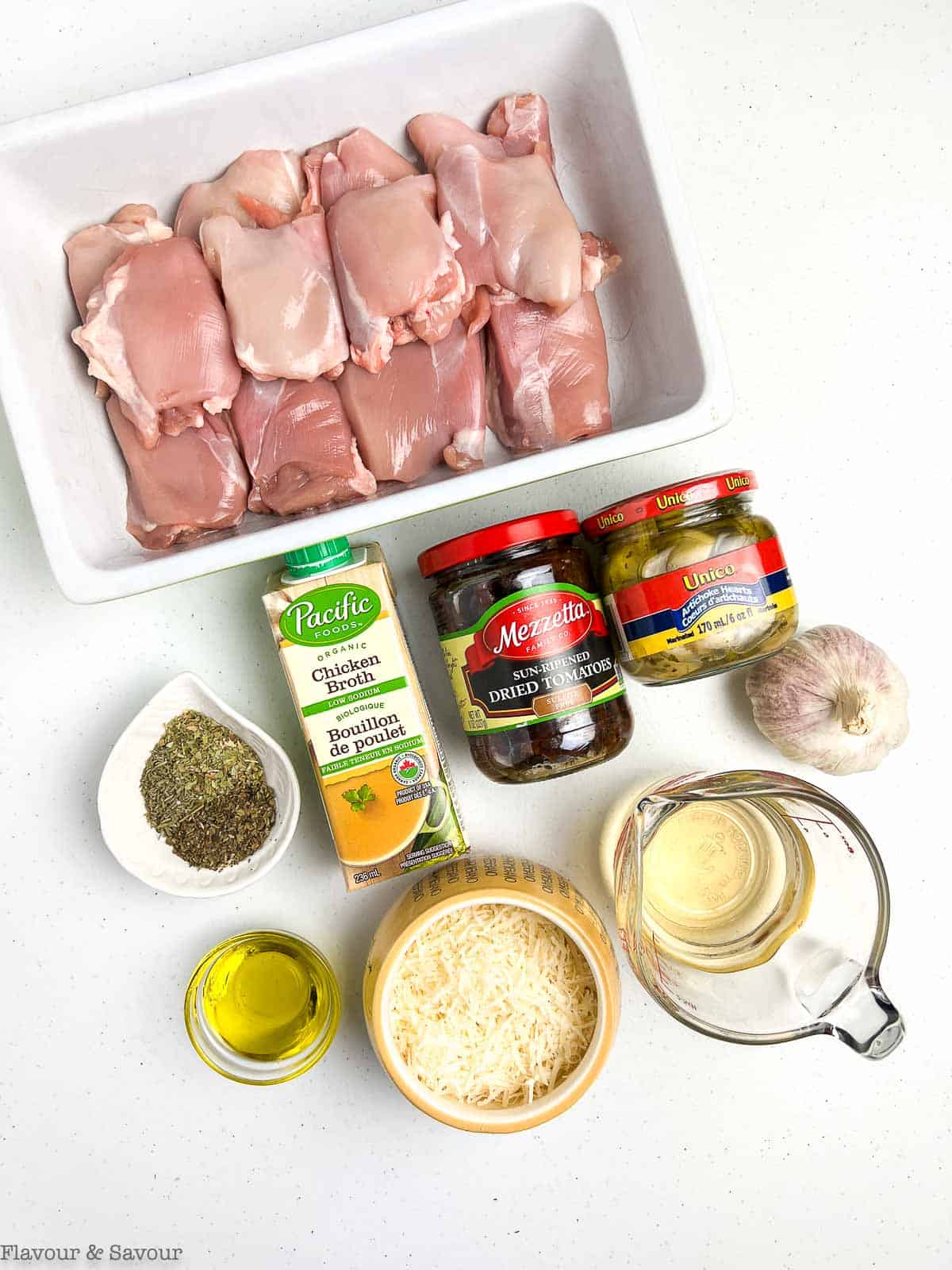 Ingredients for sun-dried tomato and artichoke chicken.